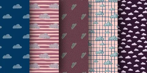 Set of seamless doodle pattern with clouds shapes. Stock Illustration