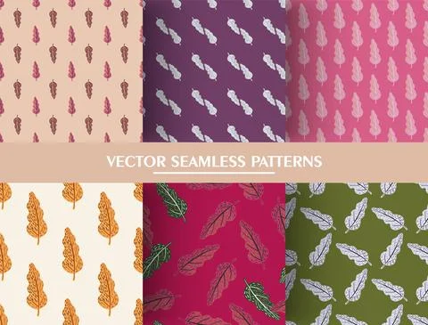 Set of seamless doodle pattern with leaf elements. Shapes simple ornament bac Stock Illustration