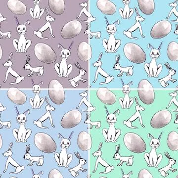 Set of seamless easter patterns with white rabbits and eggs イラスト素材