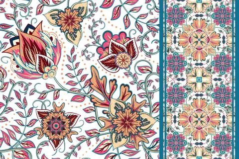 Set of seamless floral pattern and border for design. Hand draw vector Illustrazione stock