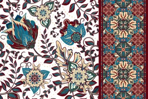 Set of seamless floral pattern and border for design. Hand draw vector Illustrazione stock
