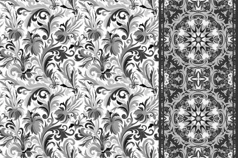 Set of seamless floral pattern and border for design 스톡 일러스트