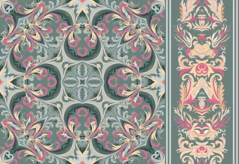 Set of seamless floral pattern and border for design Stock Illustration