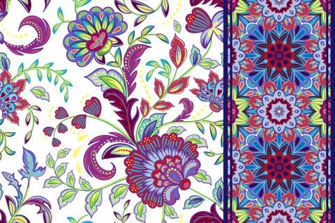 Set of seamless floral pattern and border for design. Hand draw vector Illustrazione stock