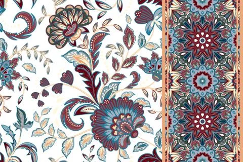 Set of seamless floral pattern and border for design. Hand draw vector Illustrazione stock