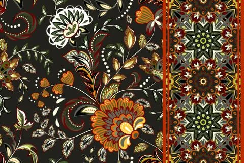 Set of seamless floral pattern and border for design. Hand draw vector Stock Illustration