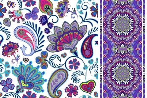 Set of seamless floral pattern and border for design. Hand draw vector Illustrazione stock