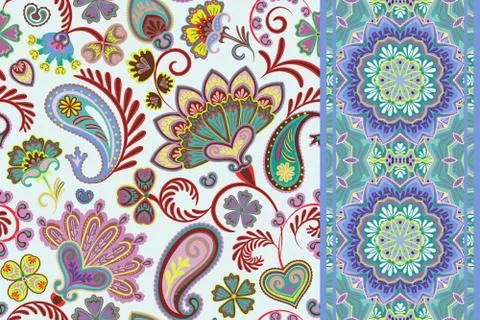 Set of seamless floral pattern and border for design. Hand draw vector 스톡 일러스트