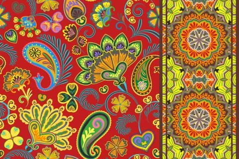 Set of seamless floral pattern and border for design. Hand draw vector 스톡 일러스트