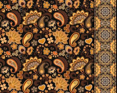 Set of seamless floral pattern and border for design. Hand draw vector Stock Illustration