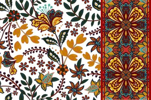 Set of seamless floral pattern and border for design. Hand draw vector Illustrazione stock
