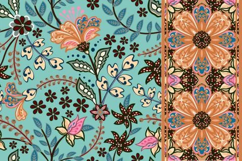 Set of seamless floral pattern and border for design. Hand draw vector Illustrazione stock