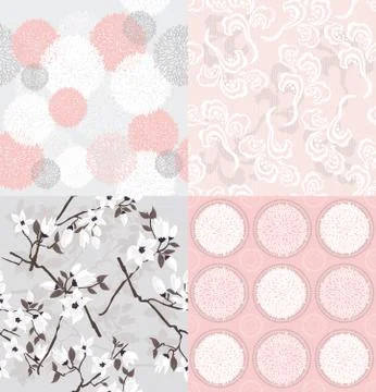 Set of seamless floral patterns with spring or summer flowers and cherry blos 스톡 일러스트