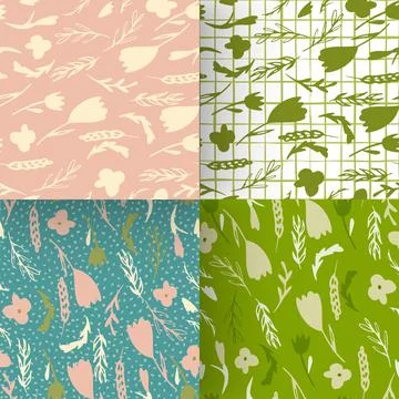 Set of seamless forest pattern with branches and flowers silhouettes. 스톡 일러스트