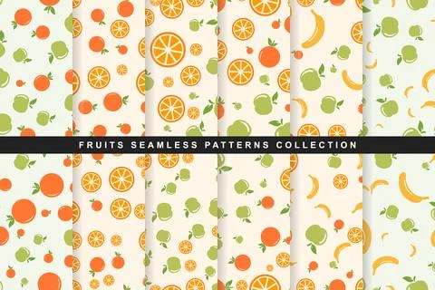 Set of seamless fruit patterns with oranges, apples, and bananas 스톡 일러스트
