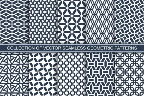 Set of seamless geometric patterns - blue and white symmetric outline textures Stock Illustration
