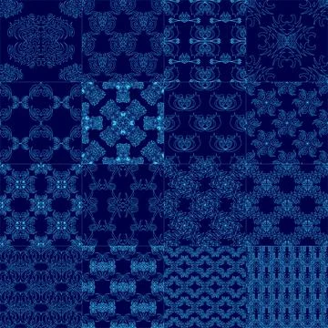 Set Seamless geometric patterns from blue lines. Vector illustration Stock Illustration