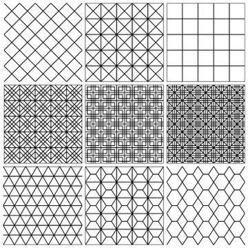 Set of seamless geometric patterns .The lines are black. Stock Illustration