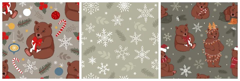 Set of Seamless green patterns with cute brown bears and Christmas elements.  Stockillustratie
