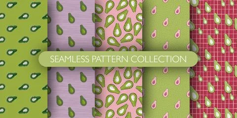 Set of seamless half avocado doodle patterns. Stock Illustration