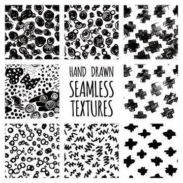 Set of seamless hand drawn irregular uneven black and white textures Stock Illustration