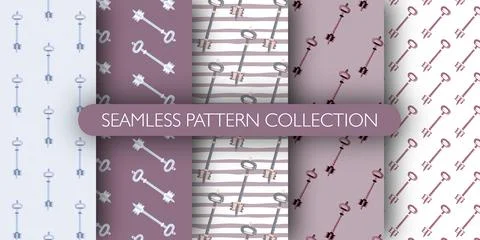 Set of seamless hand drawn pattern with vintage keys silhouettes. Illustrazione stock