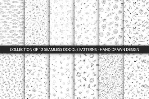 Set of seamless hand drawn patterns in doodle style. Creative repeatable drawing Иллюстрация
