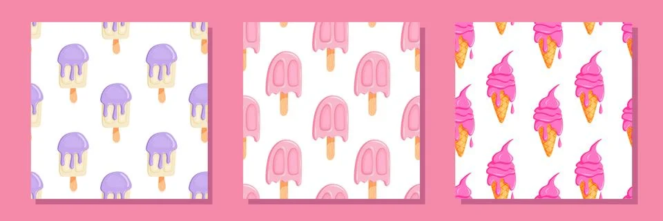 Set of seamless ice cream patterns with pastel background Stock Illustration