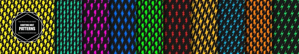 Set of seamless lightning bolt patterns. Bright colorful electric vector Stock Illustration