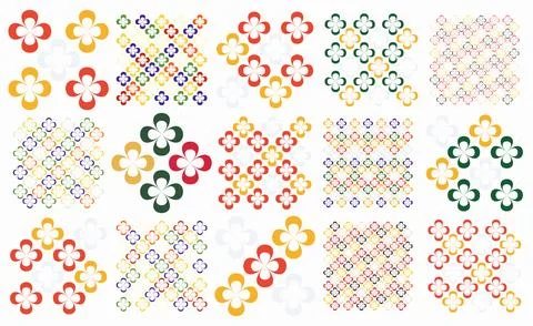 Set of seamless linear patterns featuring colorful floral shapes on a light b Stock Illustration