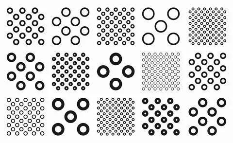 Set of seamless minimalist vector patterns featuring rings and circles in v.. Illustrazione stock
