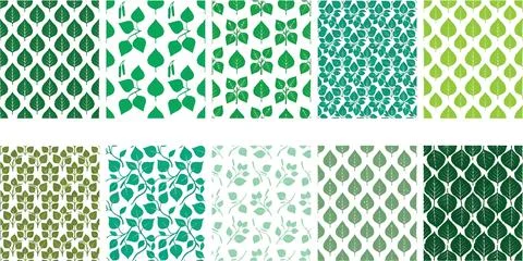 Set of seamless nature patterns featuring stylized green leaves. 스톡 일러스트