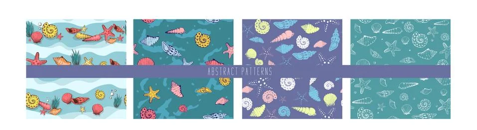 Set Seamless nautical pattern with shells. Watercolor sea texture. Vector bac Illustrazione stock