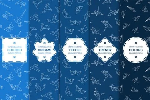 Set of seamless origami creative patterns. Vector trendy blue backgrounds Stock Illustration