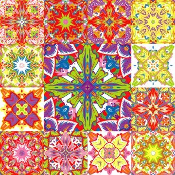 Set of seamless patchwork patterns from colorful Moroccan, Portuguese  tiles Stock Illustration