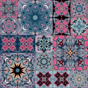 Set of seamless patchwork patterns from colorful Moroccan, Portuguese  tiles Illustrazione stock