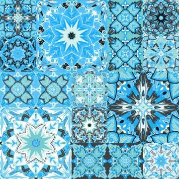 Set of seamless patchwork patterns from colorful Moroccan, Portuguese  tiles 스톡 일러스트