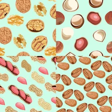 Set of seamless pattern almonds, peanuts, Hazelnuts, walnut whole and half nu Stock Illustration