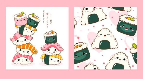 Set of seamless pattern and one print with cute sushi and roll in kawaii st.. Illustrazione stock