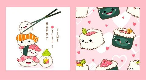 Set of seamless pattern and one print with cute sushi and roll in kawaii st.. Stock Illustration