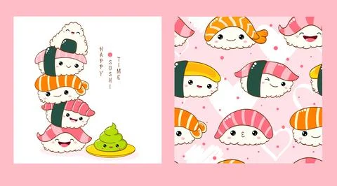 Set of seamless pattern and one print with cute sushi and roll in kawaii st.. Illustrazione stock