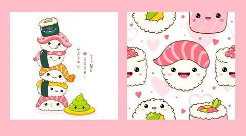 Set of seamless pattern and one print with cute sushi and roll in kawaii st.. Illustrazione stock