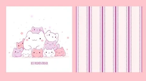 Set of seamless pattern and one print with cute cats in kawaii style. Endle.. Stockillustratie