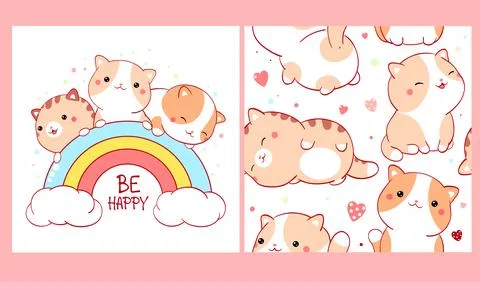 Set of seamless pattern and one print with cute cats in kawaii style. Endle.. Stockillustratie