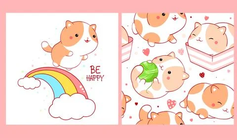 Set of seamless pattern and one print with cute cats in kawaii style. Endle.. Stockillustratie