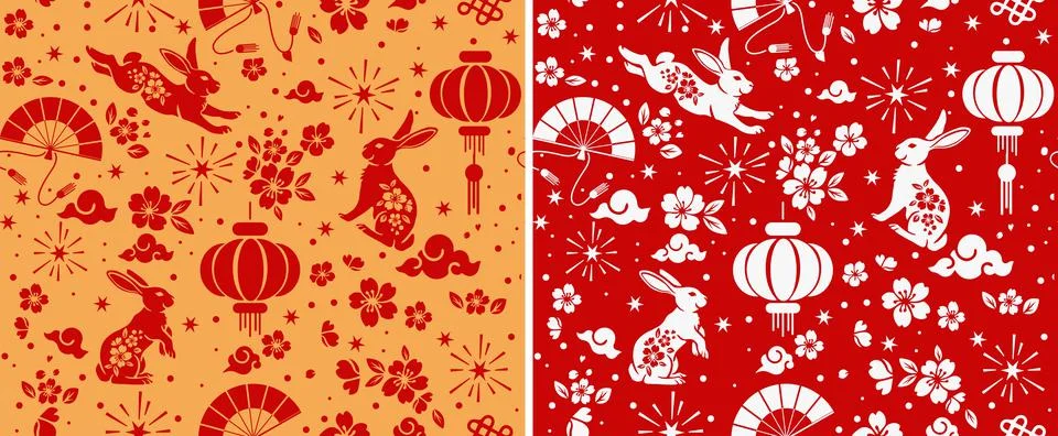 Set Seamless pattern with Asian elements on color background for happy Chines Illustrazione stock