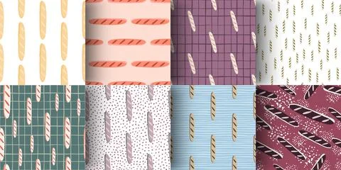Set of seamless pattern with baguette silhouettes ornament. Bakery ornament b Stock Illustration