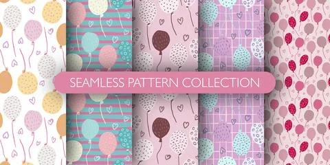 Set of seamless pattern with balloons and hearts ornament. Cute holidays prin 스톡 일러스트