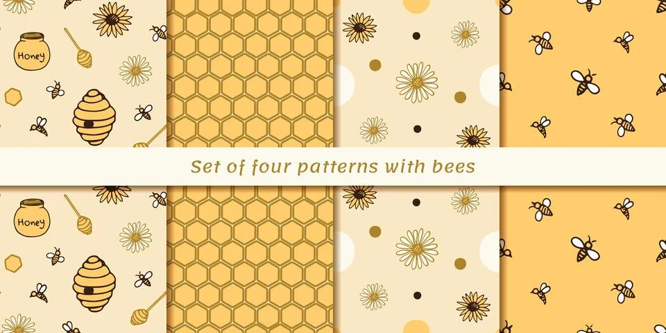 Set of seamless pattern with bees and hives. Stock Illustration