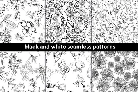 Set of seamless pattern with black flowers and leaves on white background Illustrazione stock
